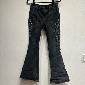 DRIFTWOOD Black Flare Jeans with Floral Embroidery